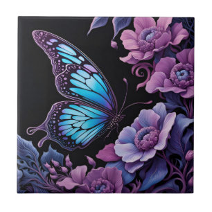Dragonfly in a floral garden at night tile