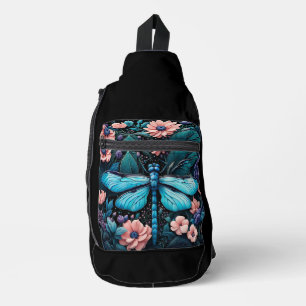 Dragonfly in a flower garden at night sling bag