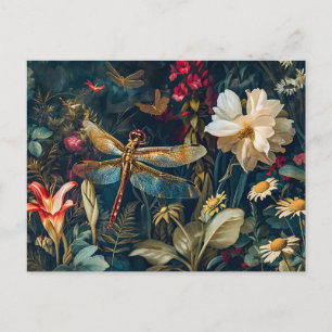 Dragonfly in a Garden with Daisies and Lilies Illu Postcard