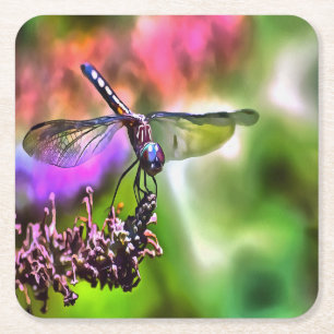 Dragonfly In Green and Blue Realistic Painting Square Paper Coaster