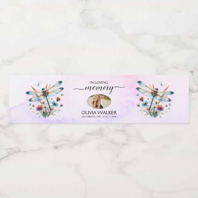 Dragonfly In Loving Memory Photo Memorial  Water Bottle Label (Single Label)