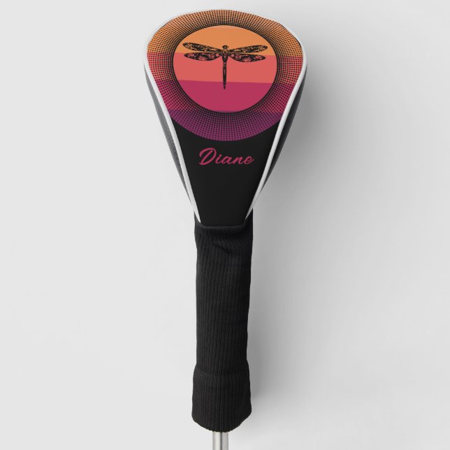 Dragonfly in Retro Sunset with Name Golf Head Cover (Front)