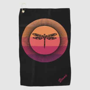 Dragonfly in Retro Sunset with Name Golf Towel