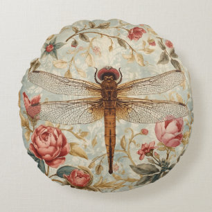 Dragonfly in The Flowers Garden Pattern Round Cushion