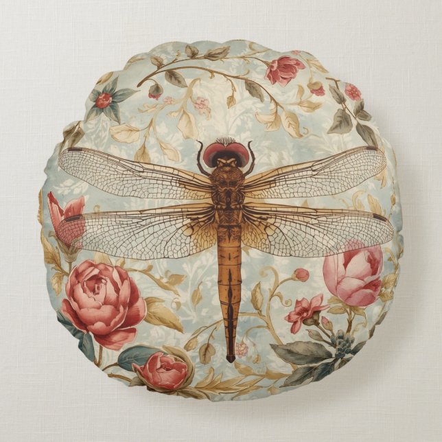 Dragonfly in The Flowers Garden Pattern Round Cushion (Front)