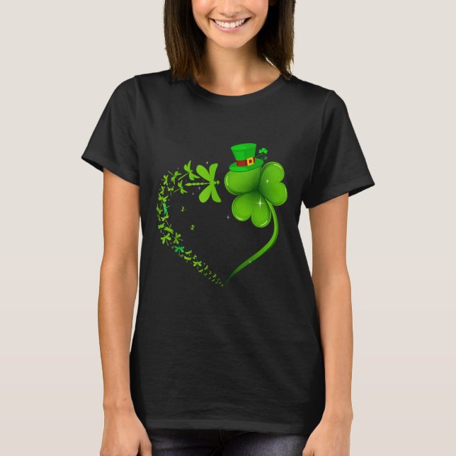 Dragonfly Irish Shamrock Heart Happy St Patrick's  T-Shirt (Front)