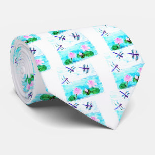 Dragonfly, Lilly Flowers Pond Tie