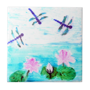 Dragonfly, Lily Flowers Pond Painting Tile