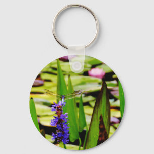 Dragonfly lotus and purple flower key ring