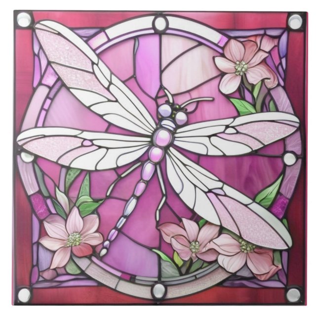 Dragonfly Magenta Pink and White Stained Glass Tile (Front)