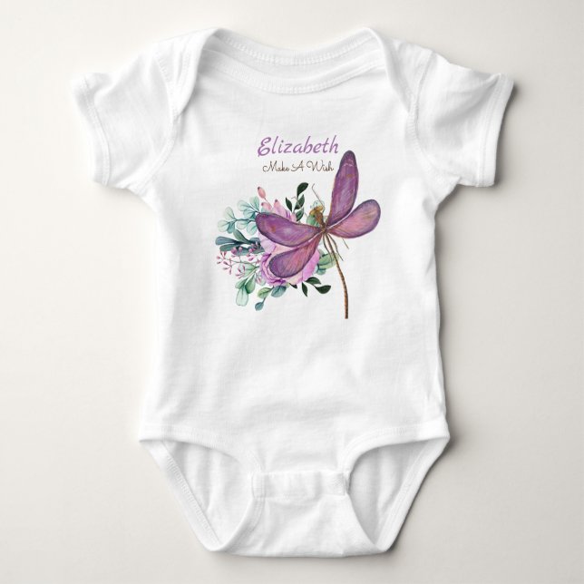 Dragonfly Make A Wish Purple NAMED New Baby Gift Bodysuit (Front)