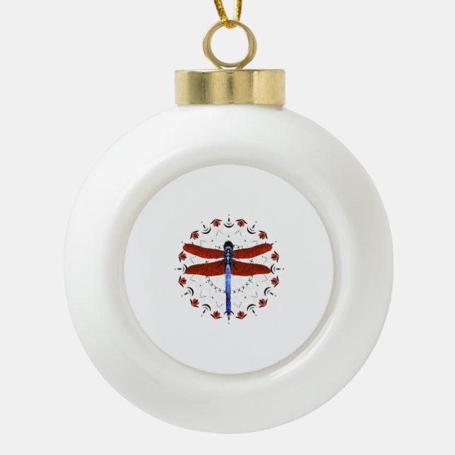 Dragonfly Mandala Red Tulips Dragonfly Pattern Ceramic Ball Christmas Ornament (Front)