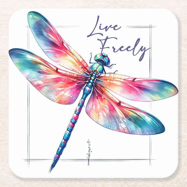 Dragonfly of Freedom Square Paper Coaster (Front)