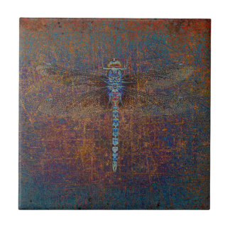 Dragonfly on a Distressed Multicolor Background Tile