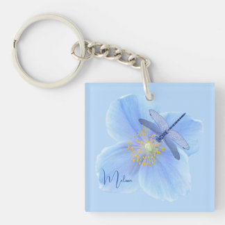 Dragonfly on Blue Poppy Keychain Keyring