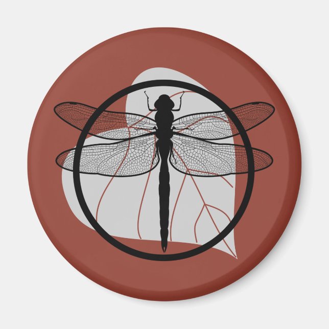 Dragonfly on Leaf Drawing - Wildlife Circle Series Magnet (Front)