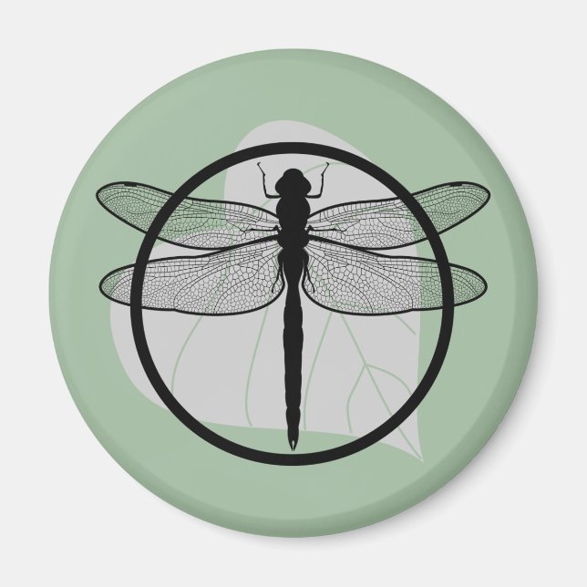 Dragonfly on Leaf Drawing - Wildlife Circle Series Magnet (Front)
