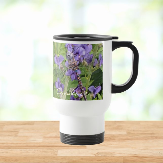 Dragonfly on Purple Flowers with Name Travel Mug (In Situ)