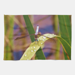 Dragonfly on raindrop leaf tea towel