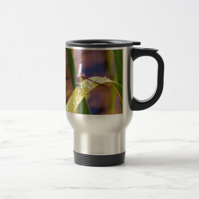 Dragonfly on raindrop leaf travel mug (Right)