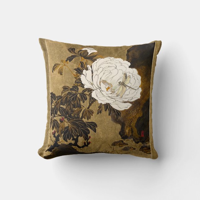 Dragonfly On Vintage Botanical Gold Japanese Peony Cushion (Front)