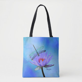 Dragonfly on Water Lily All-Over Print Tote Bag