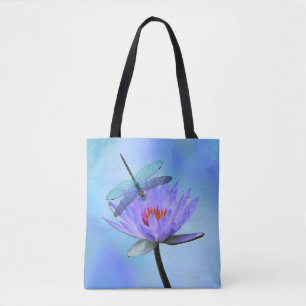 Dragonfly on Water Lily All-Over Print Tote Bag