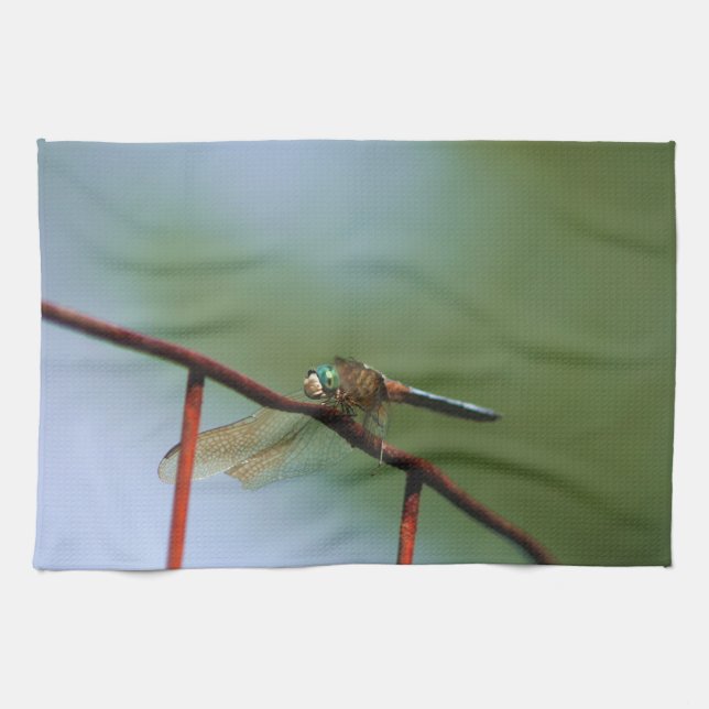 Dragonfly On Wire Fence Close Up Tea Towel (Horizontal)