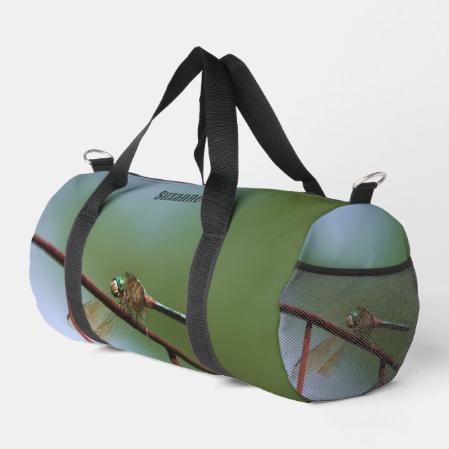 Dragonfly On Wire Fence Personalised Duffle Bag (Right Corner)