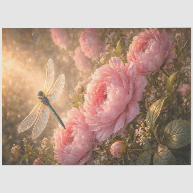 Dragonfly Over Pink Peonies Spring Garden  Tissue Paper (Front)