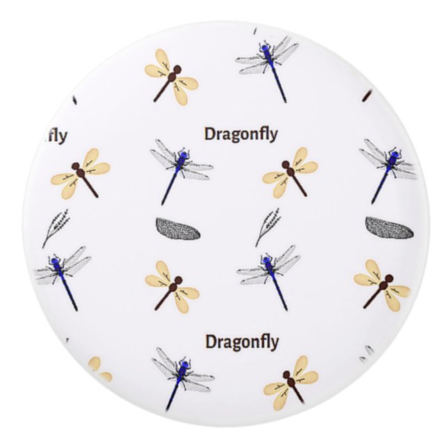 Dragonfly pattern on white ceramic knob (Front)