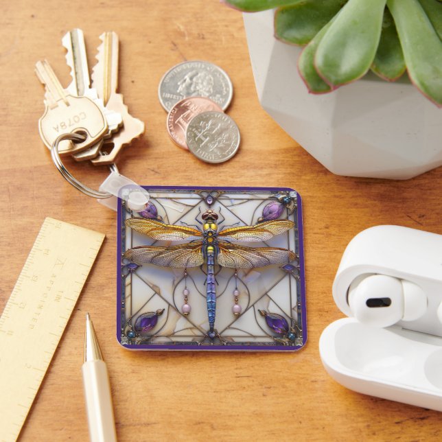 Dragonfly Pearls Amethyst Gold Mother of Pearl   Key Ring (Desk)