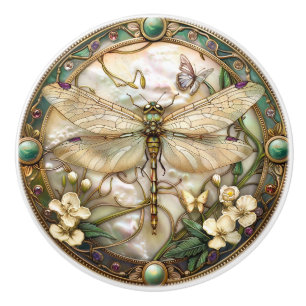 Dragonfly Pearls Flowers Gold Filigree Ceramic Knob