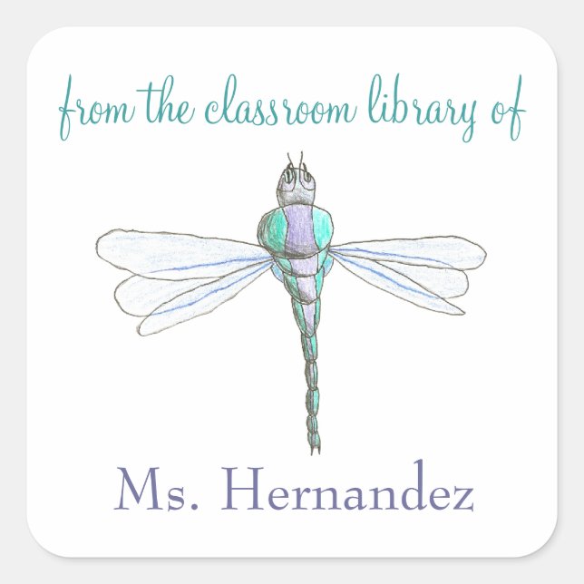 Dragonfly personalized teacher bookplate square sticker (Front)