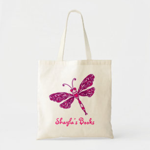 Dragonfly pink kids named library tote bag