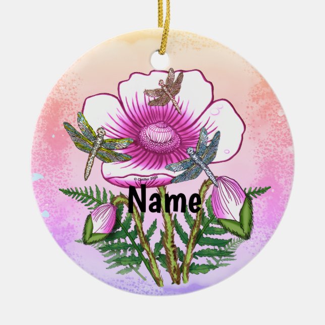 Dragonfly Pink Poppy  Ceramic Tree Decoration (Front)