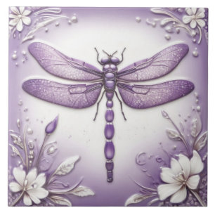 Dragonfly Purple and White Floral Art Tile