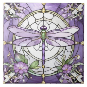 Dragonfly Purple and White Stained Glass Flower Tile