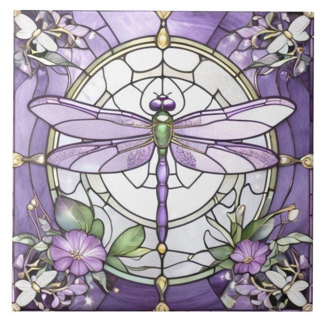 Dragonfly Purple and White Stained Glass Flower Tile (Front)