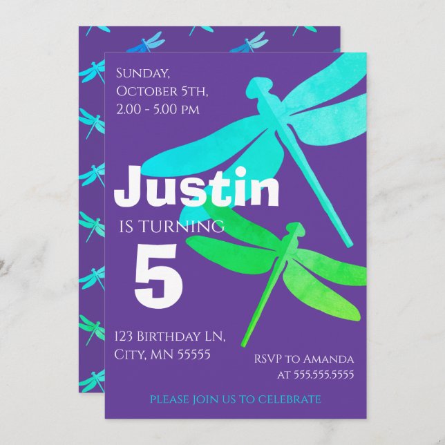 Dragonfly Purple Boy 5th Birthday Invitation (Front/Back)