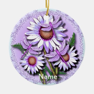 Dragonfly Purple Daisies  Ceramic Tree Decoration