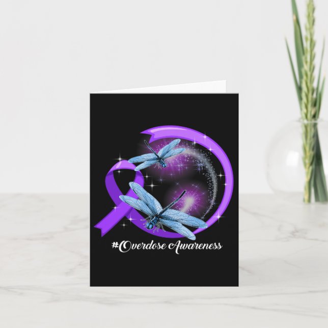Dragonfly Purple Ribbon Overdose Awareness 2  Card (Front)