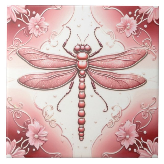 Dragonfly Red and White Flower Art Tile (Front)