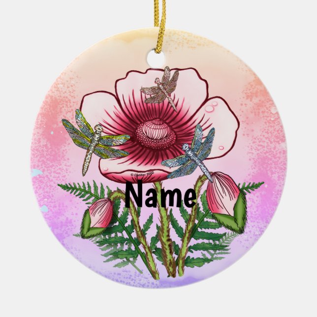 Dragonfly Red Poppy  Ceramic Tree Decoration (Front)