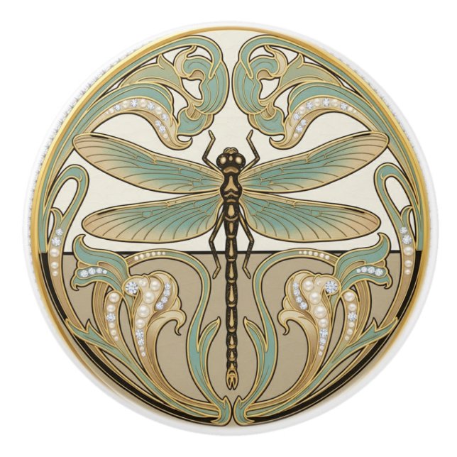 Dragonfly Sage Green & Gold Art Deco Nouveau Ceramic Knob (Front)