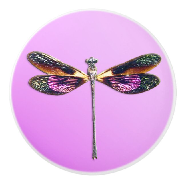 Dragonfly - silver, gold, purple and black ceramic knob (Front)