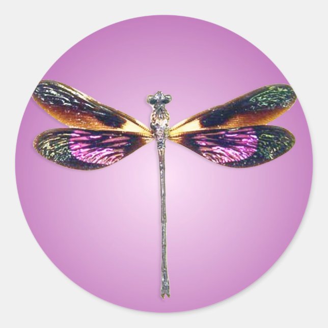 Dragonfly - silver, gold, purple and black classic round sticker (Front)