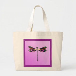 Dragonfly - silver, gold, purple and black large tote bag