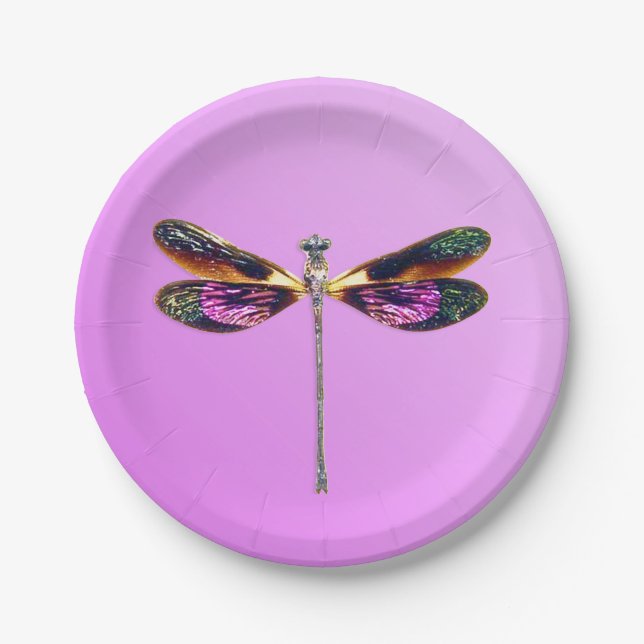 Dragonfly - silver, gold, purple on violet paper plate (Front)