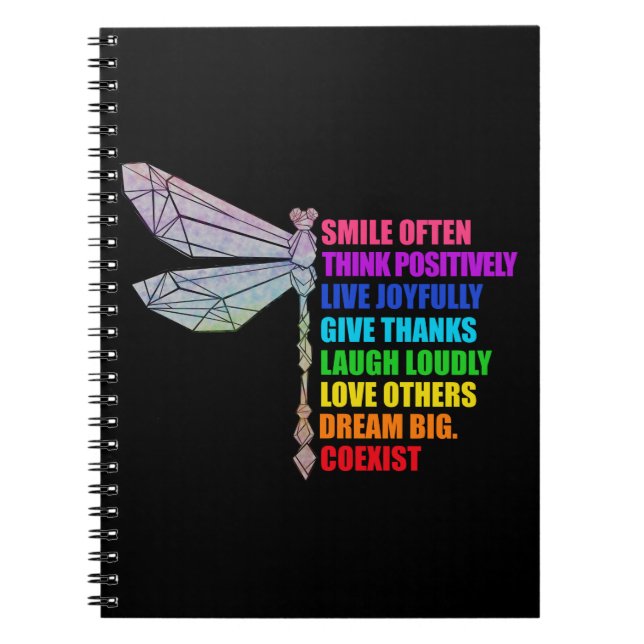 Dragonfly Smile Often Think Positively Quote Notebook (Front)